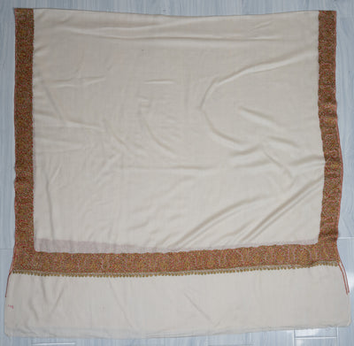 2.5 Yards Sozni Hand Embroidered Shawl in Classic Ivory Gold Border