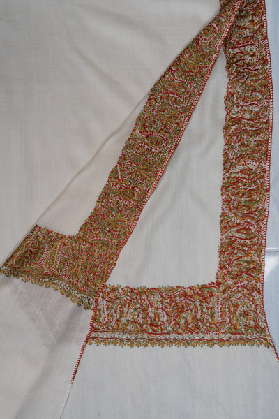 2.5 Yards Sozni Hand Embroidered Shawl in Classic Ivory Gold Border