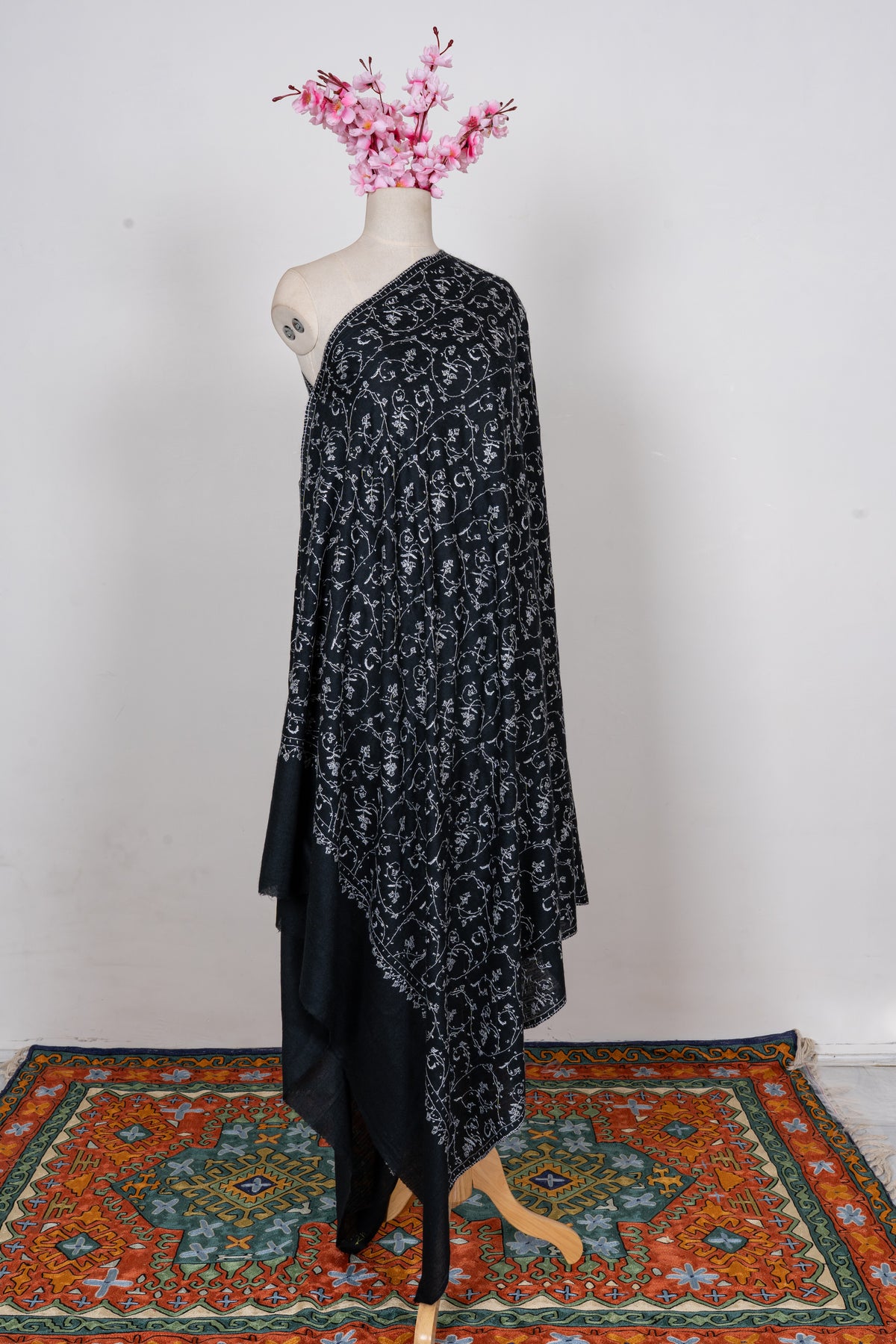 Midnight Ivory Floral Weave: Merino Wool Hand Embroidered 2.5 Yards Shawl