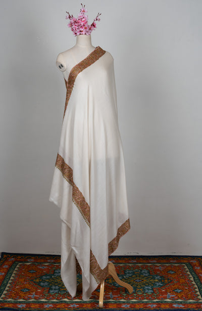 2.5 Yards Sozni Hand Embroidered Shawl in Classic Ivory Gold Border