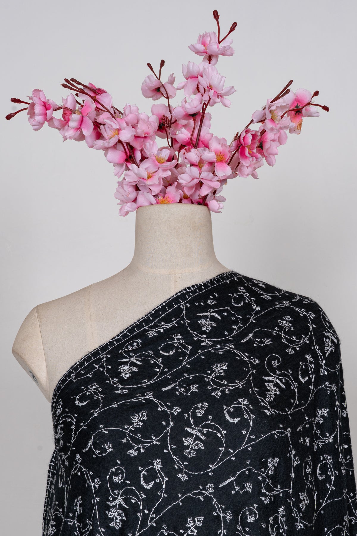 Midnight Ivory Floral Weave: Merino Wool Hand Embroidered 2.5 Yards Shawl