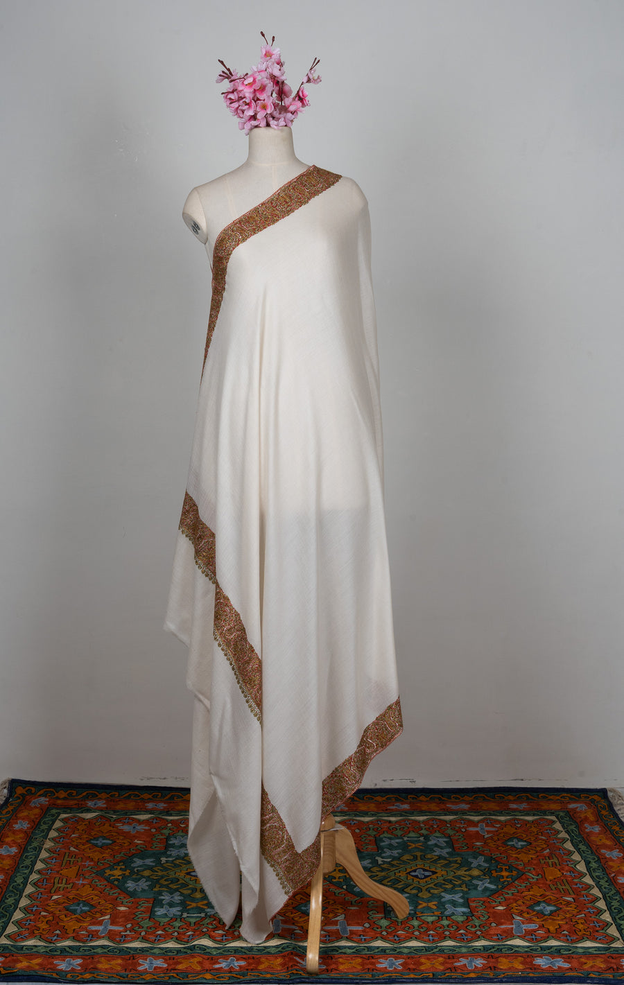 2.5 Yards Sozni Hand Embroidered Shawl in Classic Ivory Gold Border