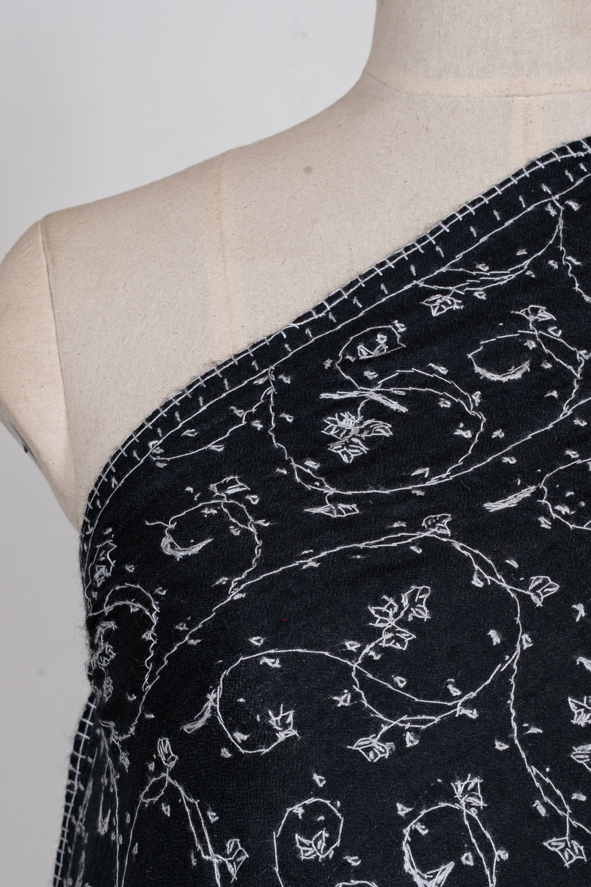 Midnight Ivory Floral Weave: Merino Wool Hand Embroidered 2.5 Yards Shawl