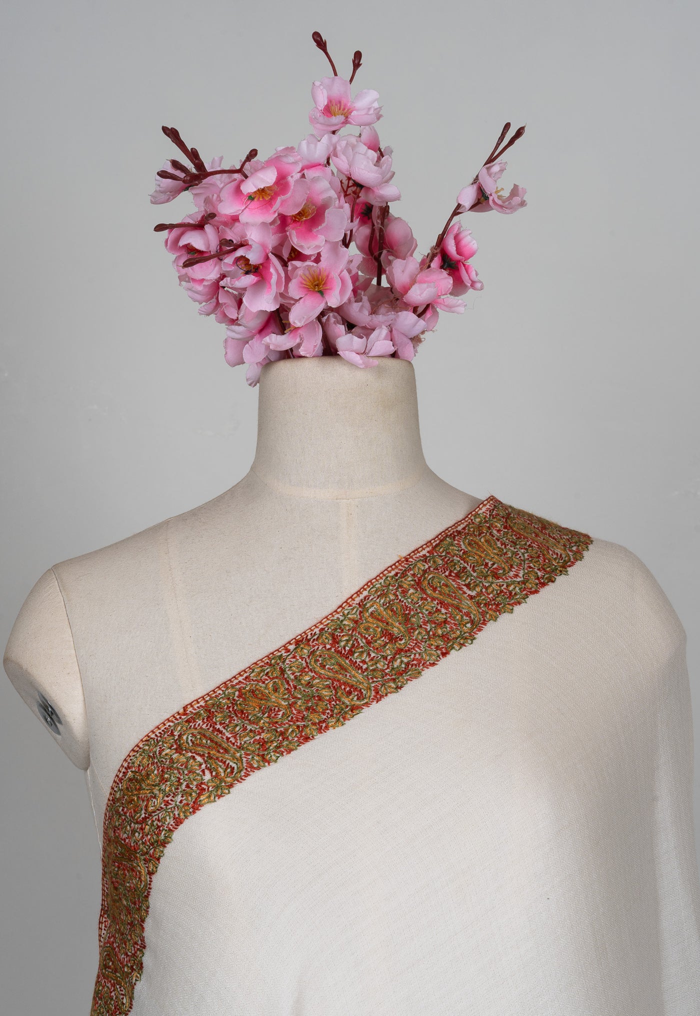 2.5 Yards Sozni Hand Embroidered Shawl in Classic Ivory Gold Border