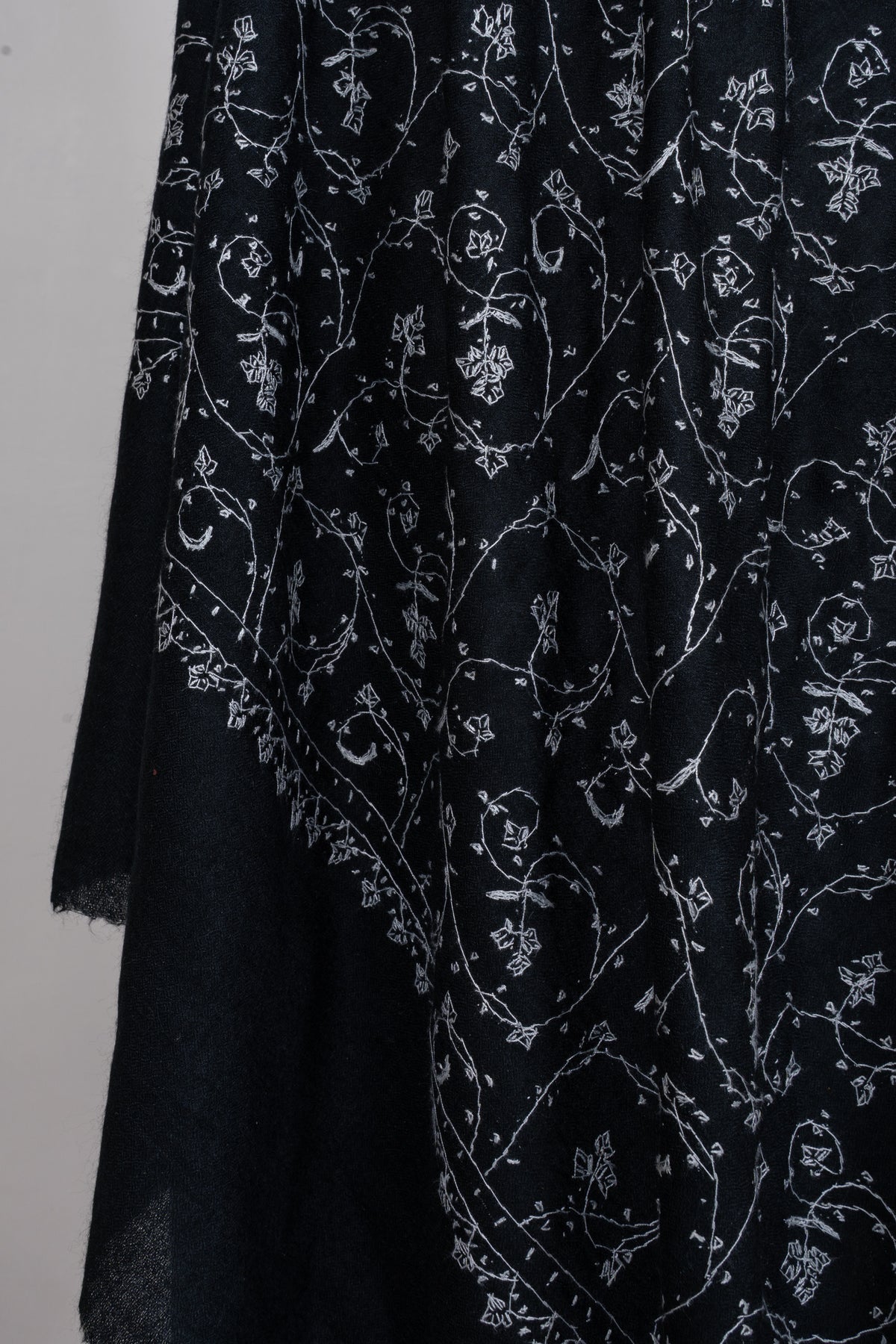 Midnight Ivory Floral Weave: Merino Wool Hand Embroidered 2.5 Yards Shawl