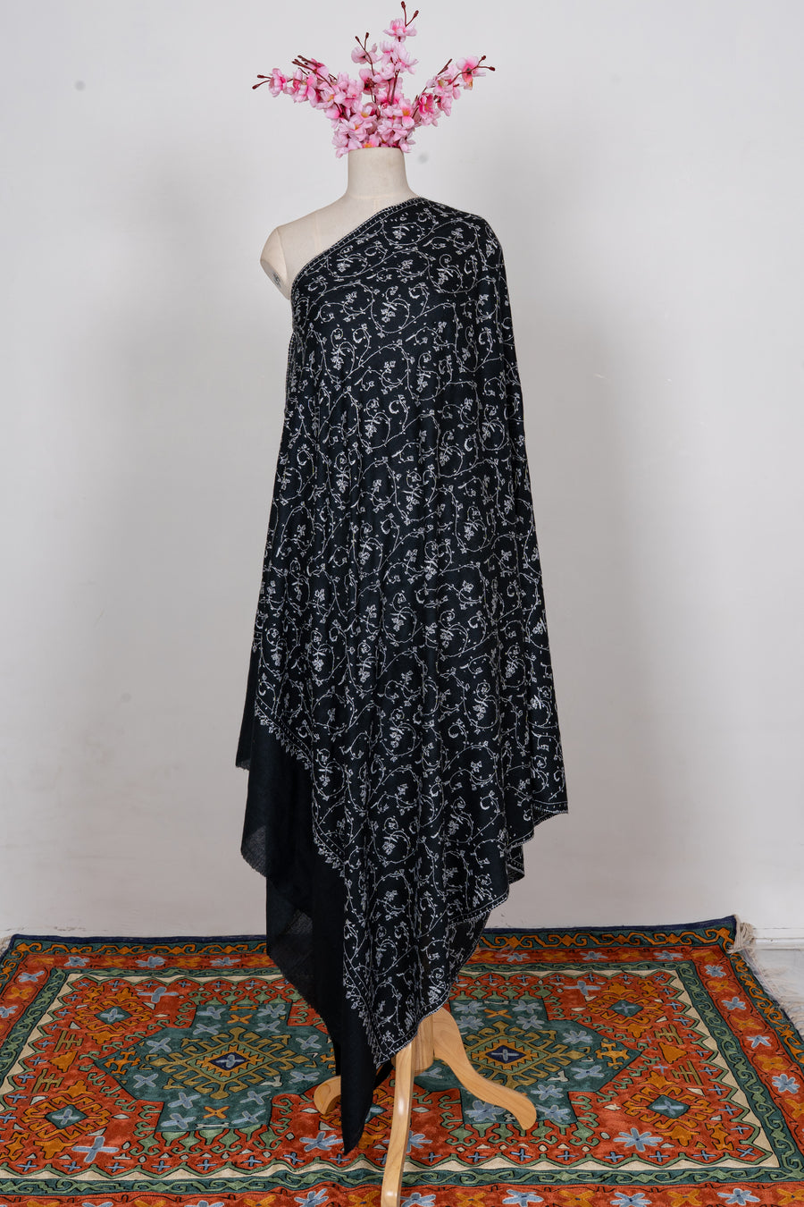 Midnight Ivory Floral Weave: Merino Wool Hand Embroidered 2.5 Yards Shawl