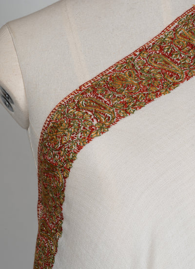 2.5 Yards Sozni Hand Embroidered Shawl in Classic Ivory Gold Border