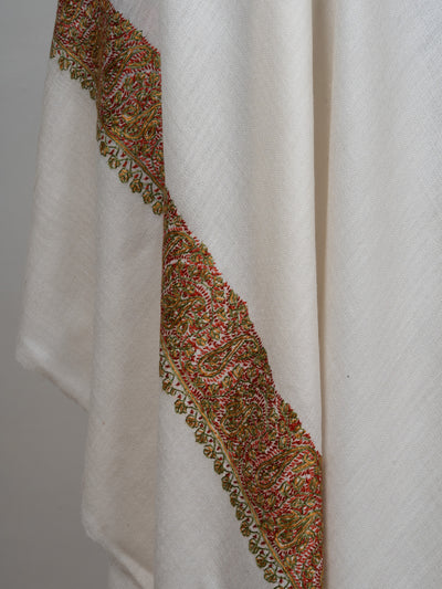 2.5 Yards Sozni Hand Embroidered Shawl in Classic Ivory Gold Border