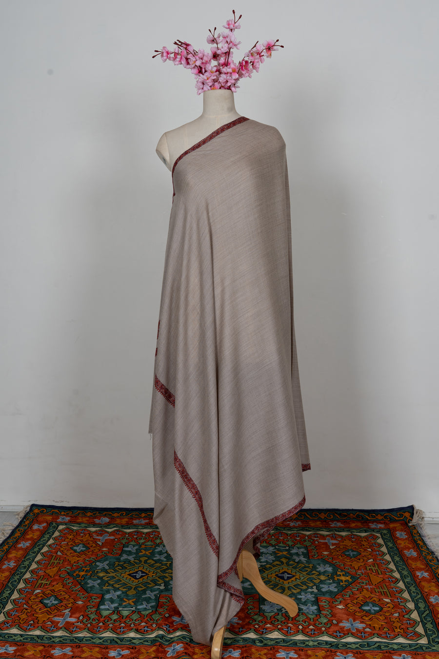 Sand Rust Borderline Grace: Merino Wool Hand Embroidered 2.5 Yards Shawl