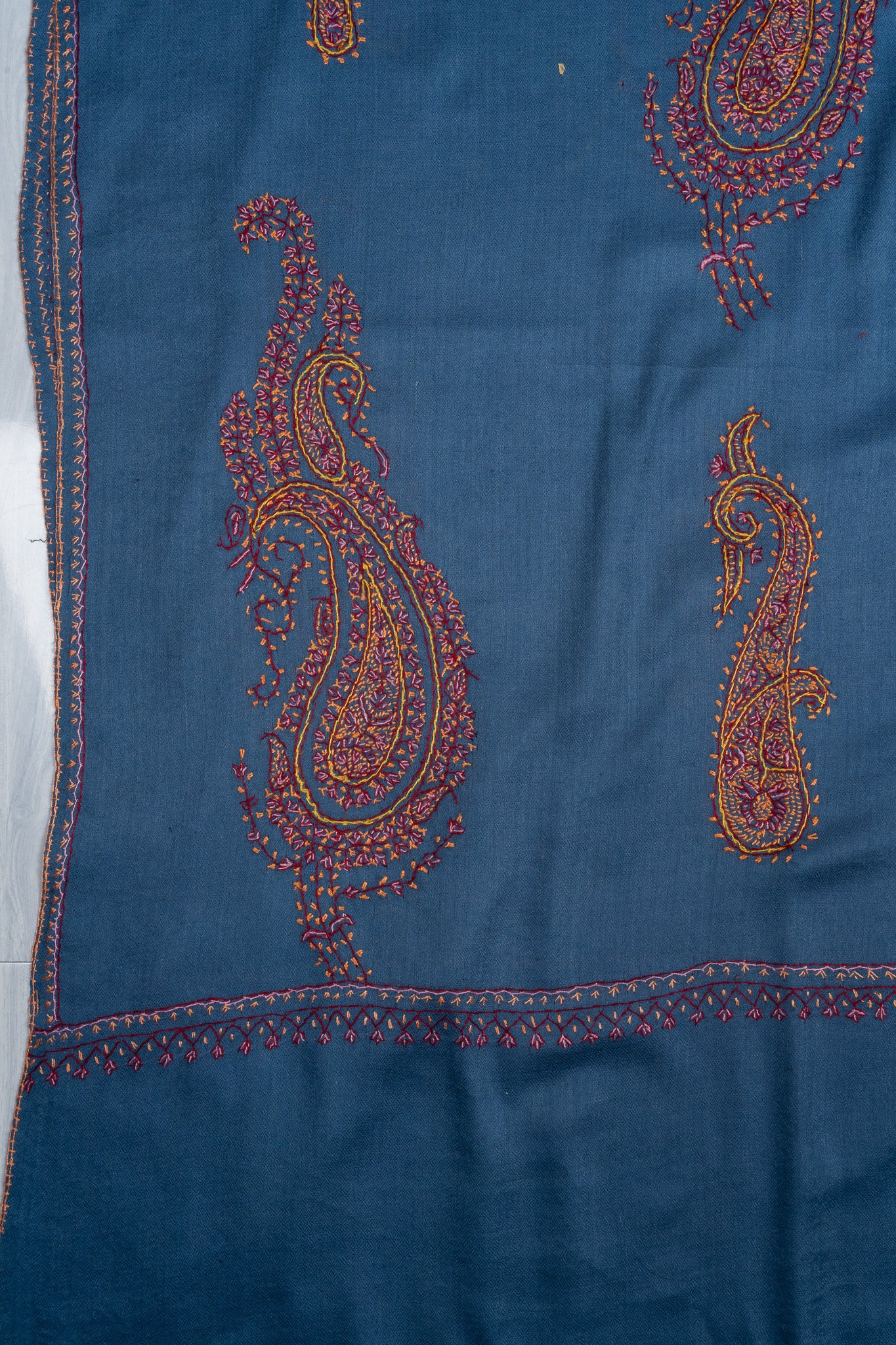2.5 Yards Sozni Hand Embroidered Shawl in Sapphire Blue Paisley Field
