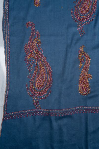2.5 Yards Sozni Hand Embroidered Shawl in Sapphire Blue Paisley Field