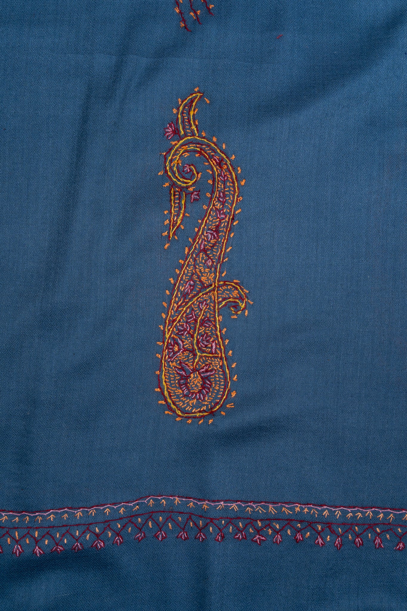 2.5 Yards Sozni Hand Embroidered Shawl in Sapphire Blue Paisley Field
