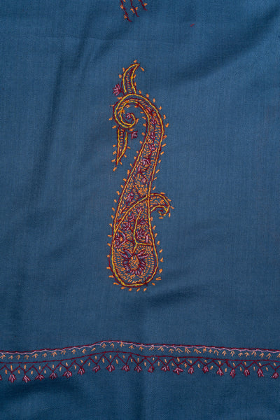 2.5 Yards Sozni Hand Embroidered Shawl in Sapphire Blue Paisley Field