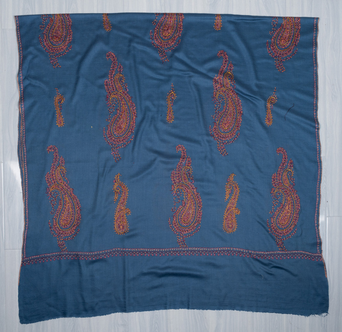 2.5 Yards Sozni Hand Embroidered Shawl in Sapphire Blue Paisley Field