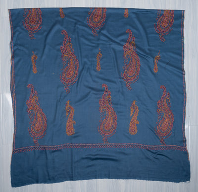 2.5 Yards Sozni Hand Embroidered Shawl in Sapphire Blue Paisley Field