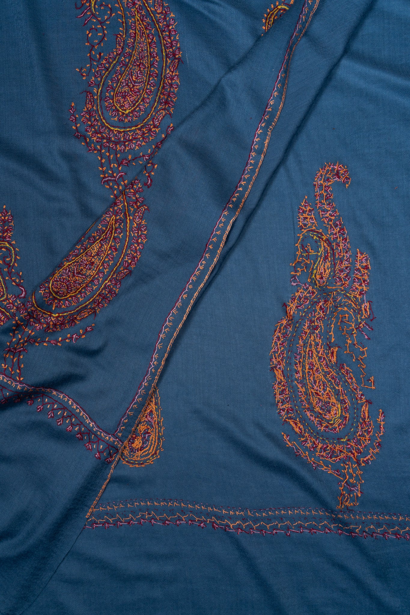 2.5 Yards Sozni Hand Embroidered Shawl in Sapphire Blue Paisley Field