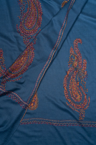 2.5 Yards Sozni Hand Embroidered Shawl in Sapphire Blue Paisley Field