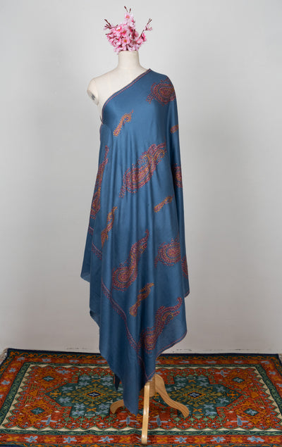 2.5 Yards Sozni Hand Embroidered Shawl in Sapphire Blue Paisley Field