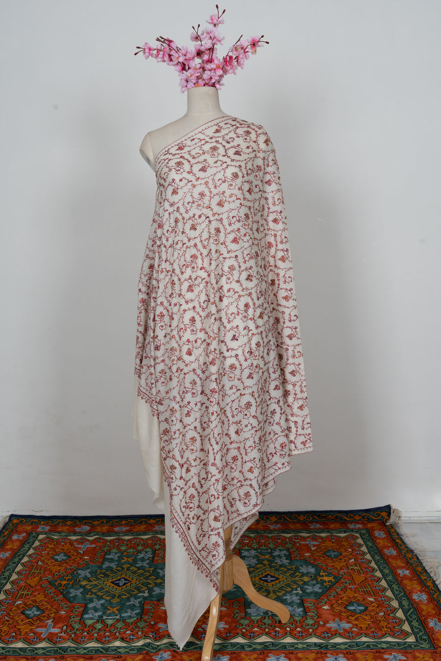 Ivory Rouge Floral Mesh: Merino Wool Hand Embroidered 2.5 Yards Shawl