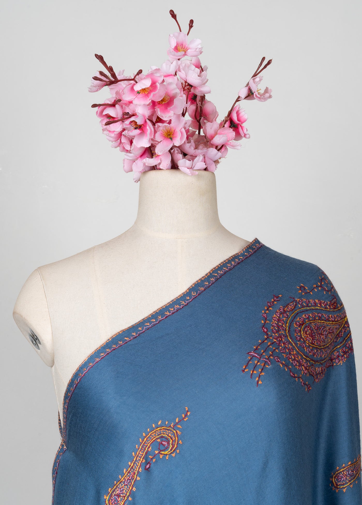 2.5 Yards Sozni Hand Embroidered Shawl in Sapphire Blue Paisley Field