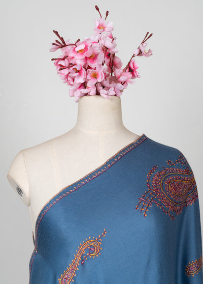 2.5 Yards Sozni Hand Embroidered Shawl in Sapphire Blue Paisley Field