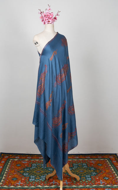 2.5 Yards Sozni Hand Embroidered Shawl in Sapphire Blue Paisley Field