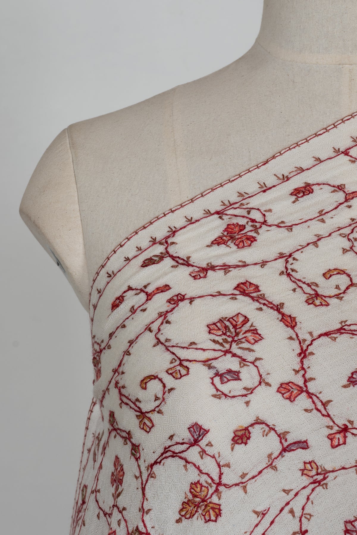 Ivory Rouge Floral Mesh: Merino Wool Hand Embroidered 2.5 Yards Shawl