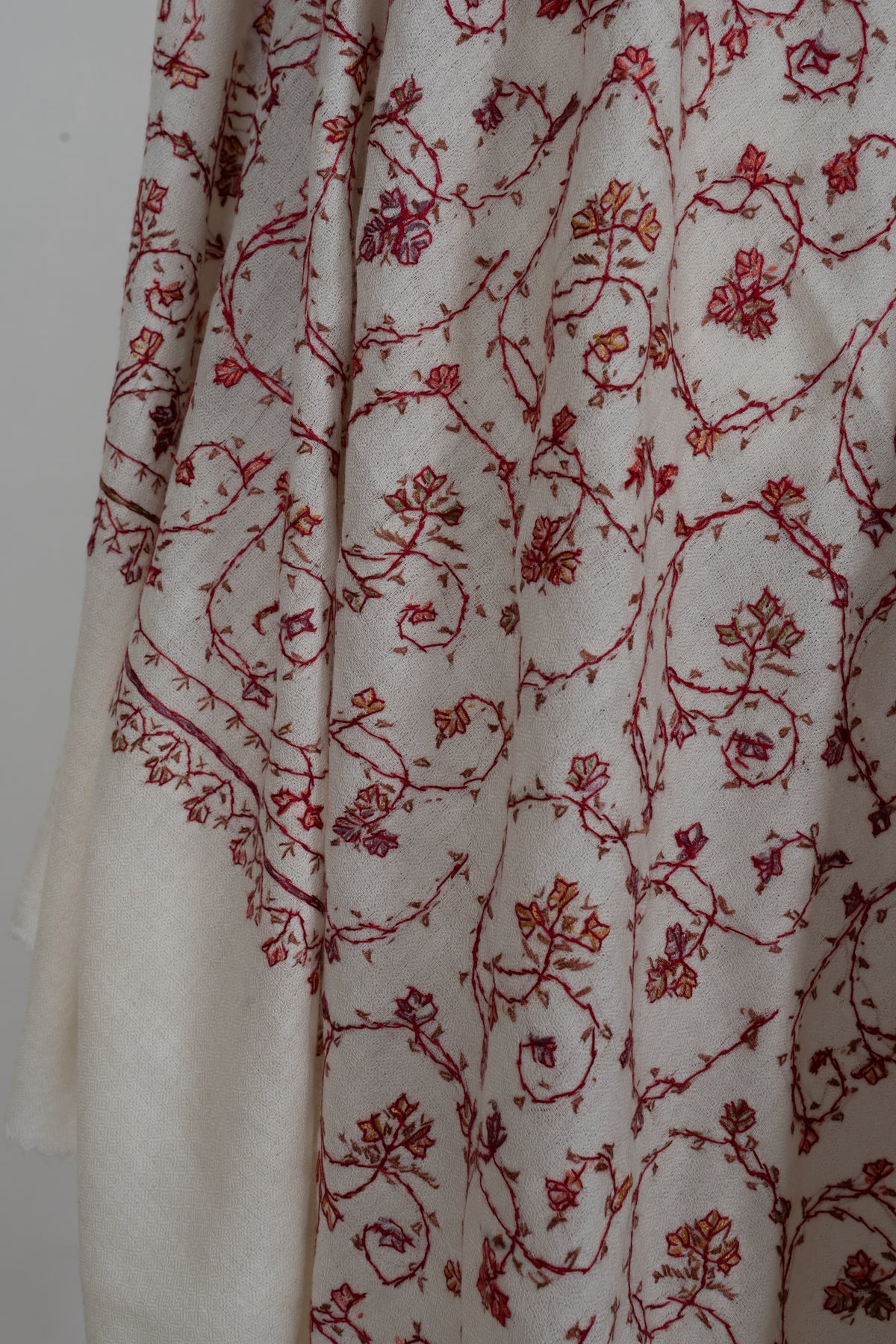 Ivory Rouge Floral Mesh: Merino Wool Hand Embroidered 2.5 Yards Shawl