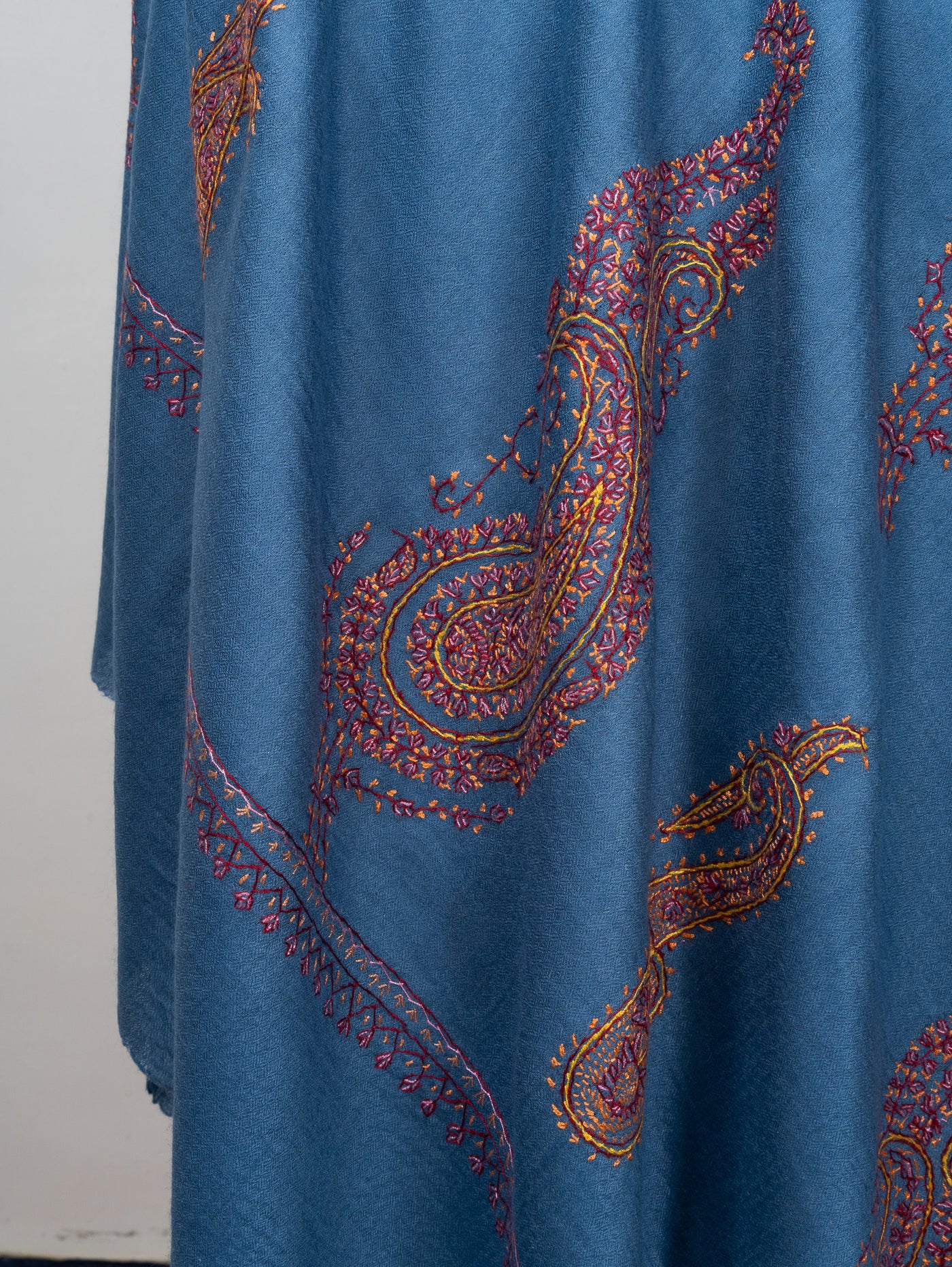 2.5 Yards Sozni Hand Embroidered Shawl in Sapphire Blue Paisley Field