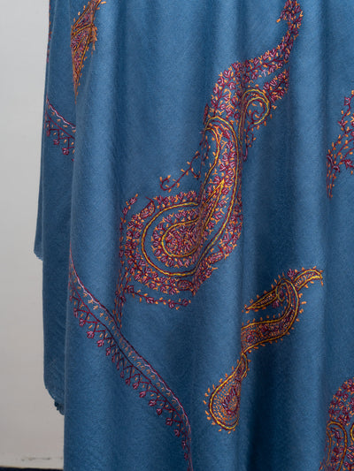 2.5 Yards Sozni Hand Embroidered Shawl in Sapphire Blue Paisley Field
