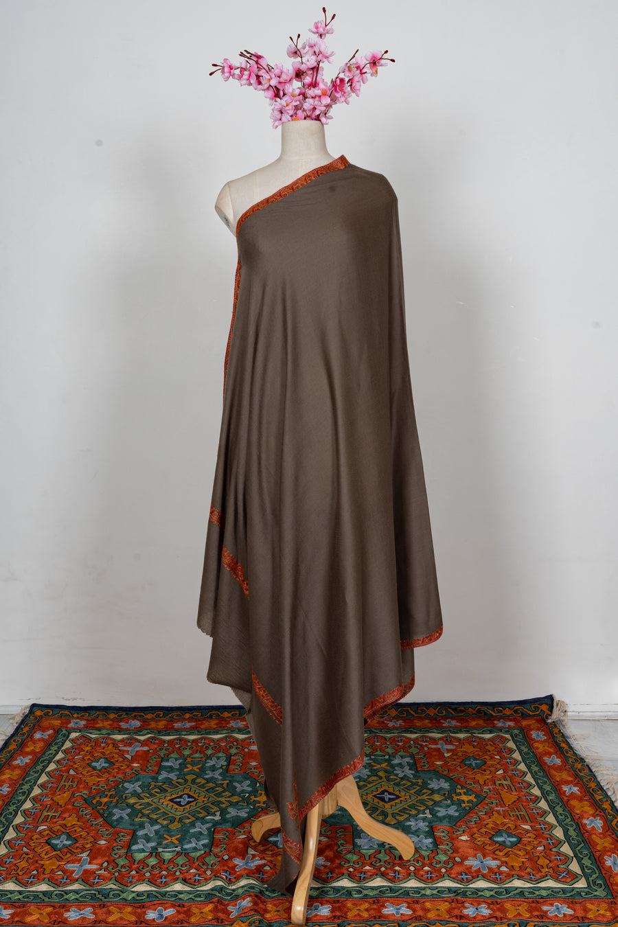 Mocha Ember Minimal Edge: Merino Wool Hand Embroidered 2.5 Yards Shawl