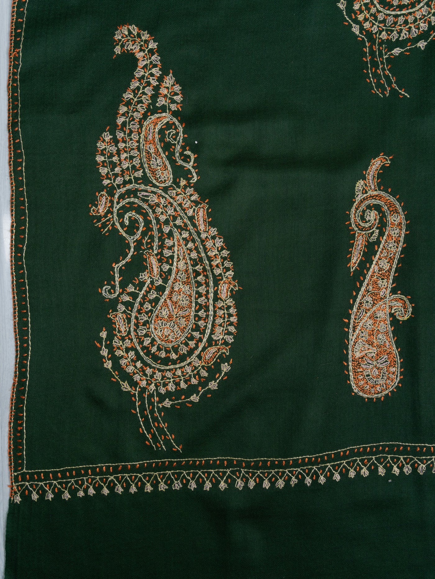 2.5 Yards Sozni Hand Embroidered Shawl in Emerald Paisley Garden