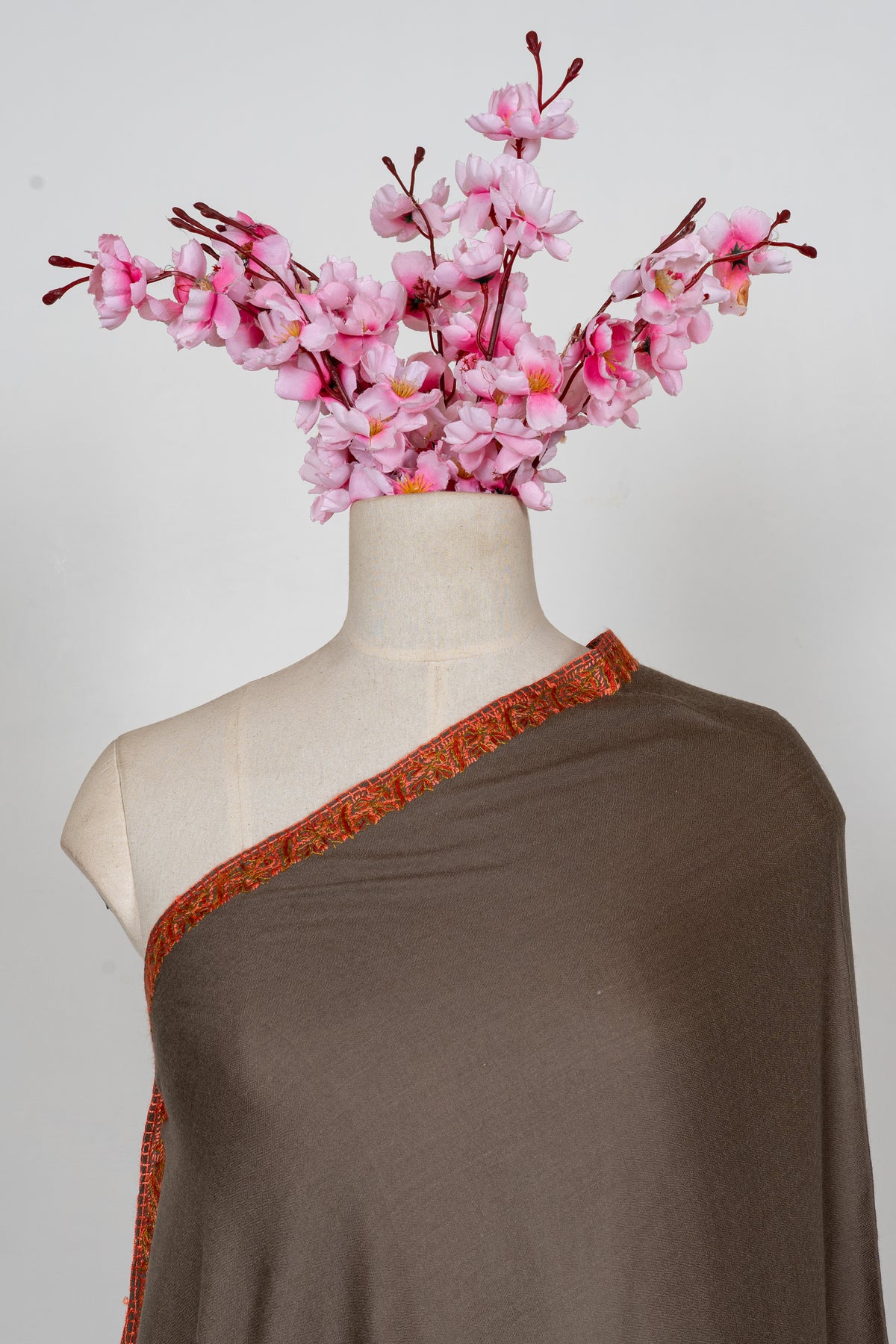 Mocha Ember Minimal Edge: Merino Wool Hand Embroidered 2.5 Yards Shawl