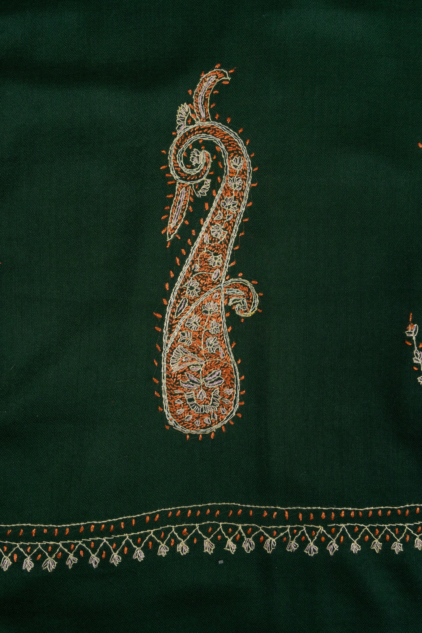 2.5 Yards Sozni Hand Embroidered Shawl in Emerald Paisley Garden