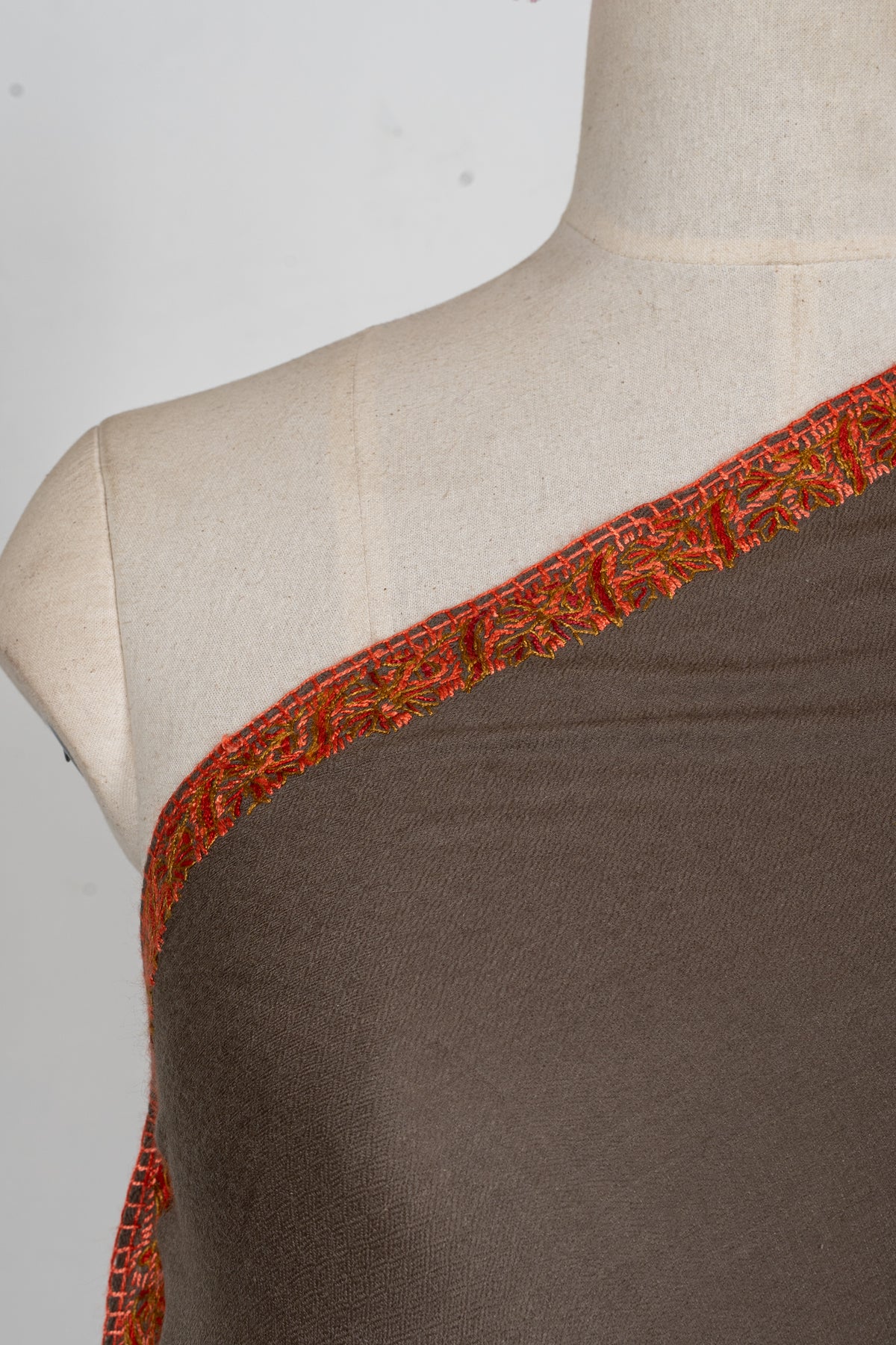 Mocha Ember Minimal Edge: Merino Wool Hand Embroidered 2.5 Yards Shawl