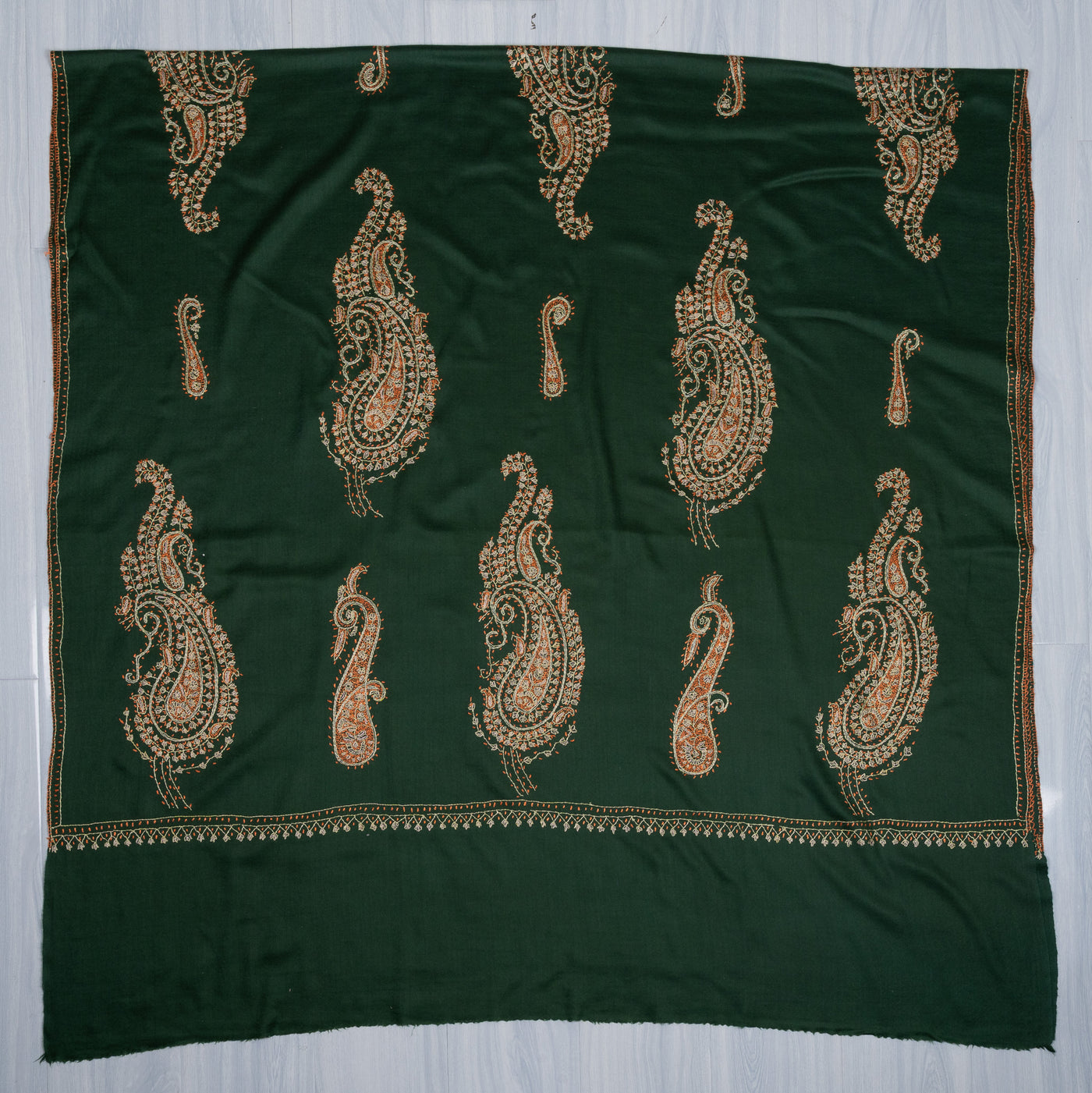 2.5 Yards Sozni Hand Embroidered Shawl in Emerald Paisley Garden