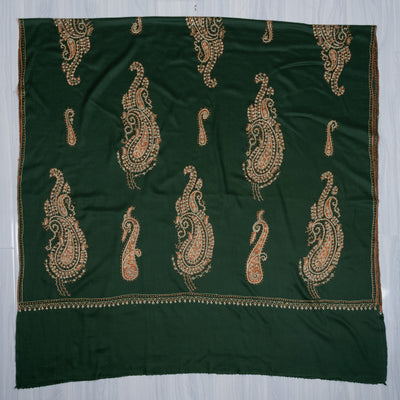 2.5 Yards Sozni Hand Embroidered Shawl in Emerald Paisley Garden