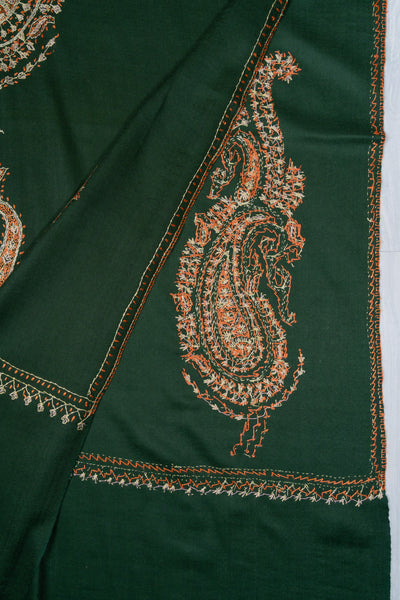 2.5 Yards Sozni Hand Embroidered Shawl in Emerald Paisley Garden
