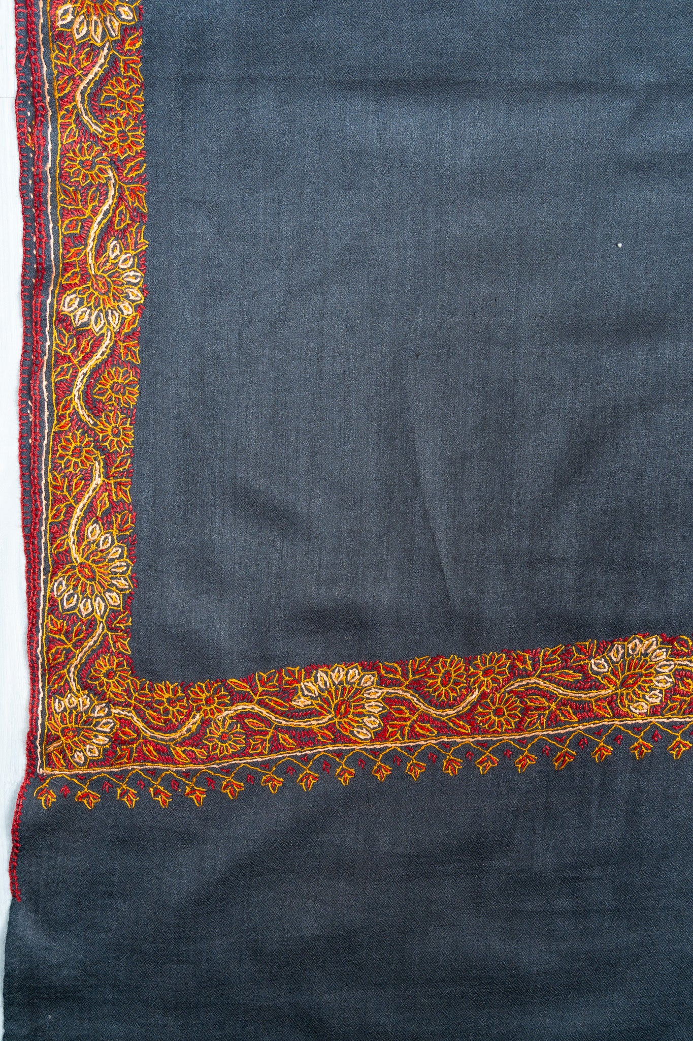 2.5 Yards Sozni Hand Embroidered Shawl in Deep Teal Floral Border