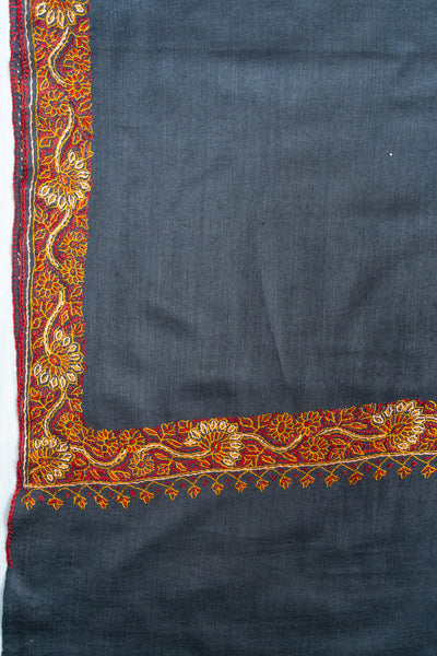 2.5 Yards Sozni Hand Embroidered Shawl in Deep Teal Floral Border