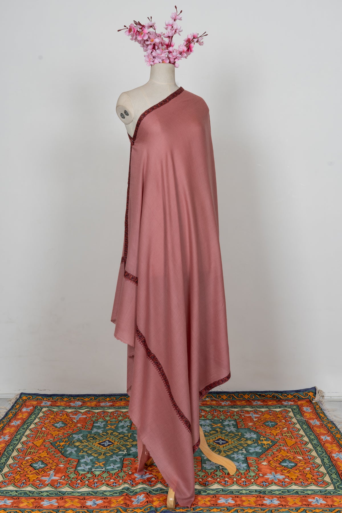 Rosewood Blush: Merino Wool Hand Embroidered 2.5 Yards Shawl