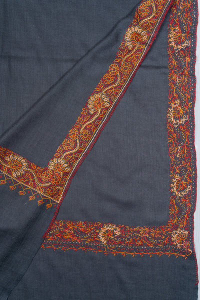 2.5 Yards Sozni Hand Embroidered Shawl in Deep Teal Floral Border
