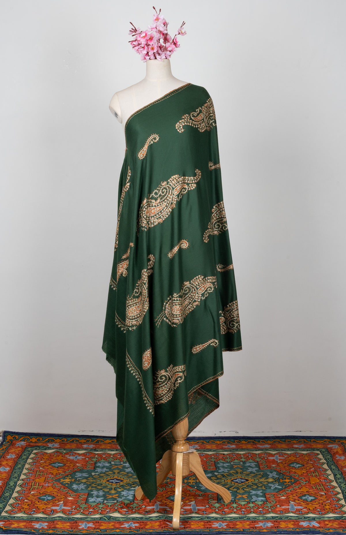2.5 Yards Sozni Hand Embroidered Shawl in Emerald Paisley Garden