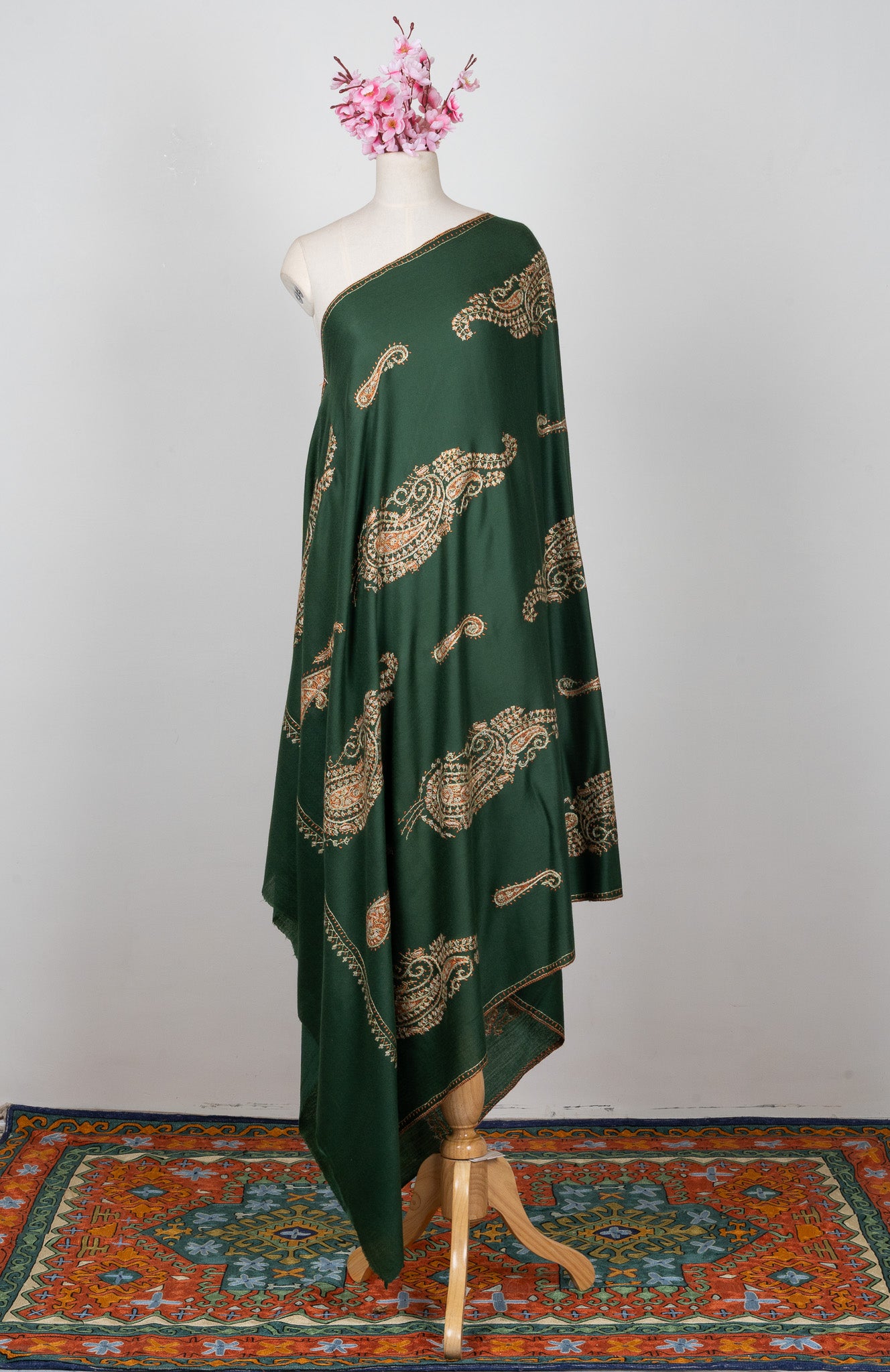 2.5 Yards Sozni Hand Embroidered Shawl in Emerald Paisley Garden