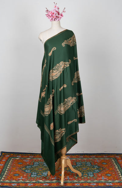 2.5 Yards Sozni Hand Embroidered Shawl in Emerald Paisley Garden