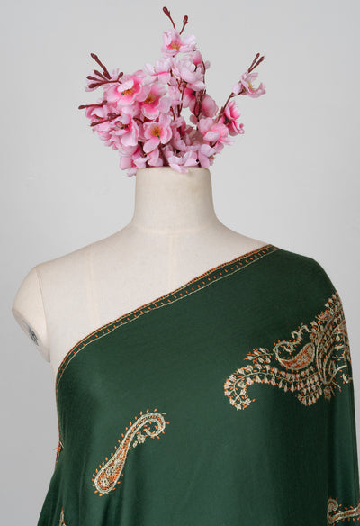 2.5 Yards Sozni Hand Embroidered Shawl in Emerald Paisley Garden
