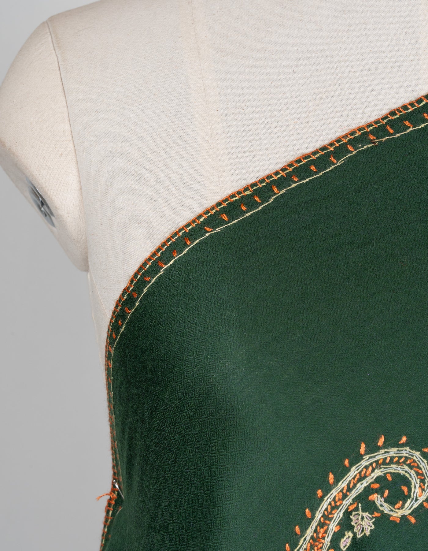 2.5 Yards Sozni Hand Embroidered Shawl in Emerald Paisley Garden