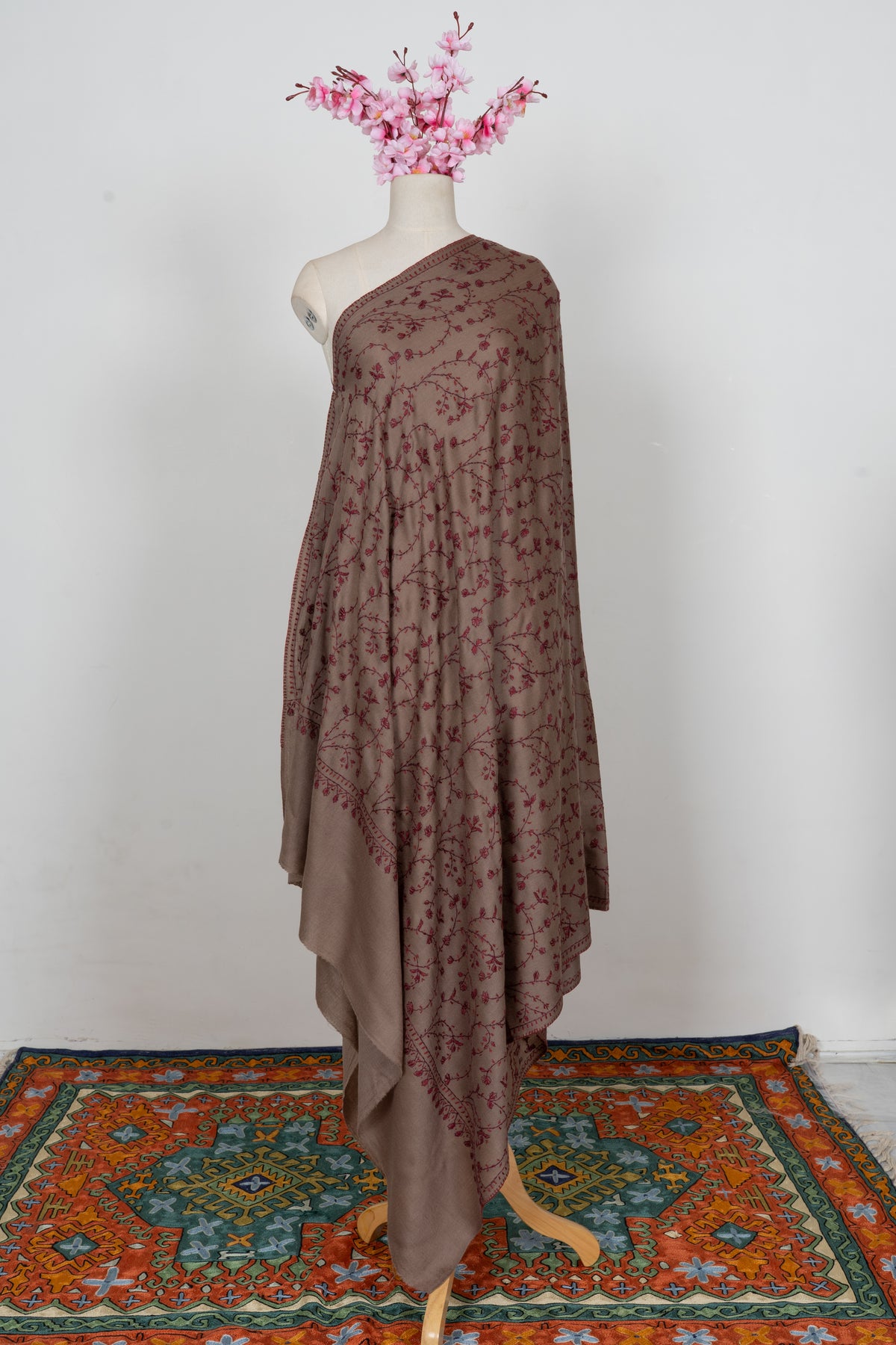 Cocoa Wine Floral Veil: Merino Wool Hand Embroidered 2.5 Yards Shawl