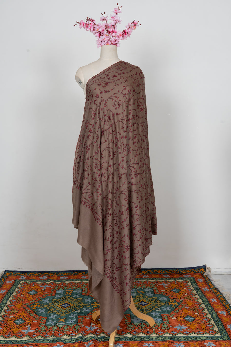 Cocoa Wine Floral Veil: Merino Wool Hand Embroidered 2.5 Yards Shawl
