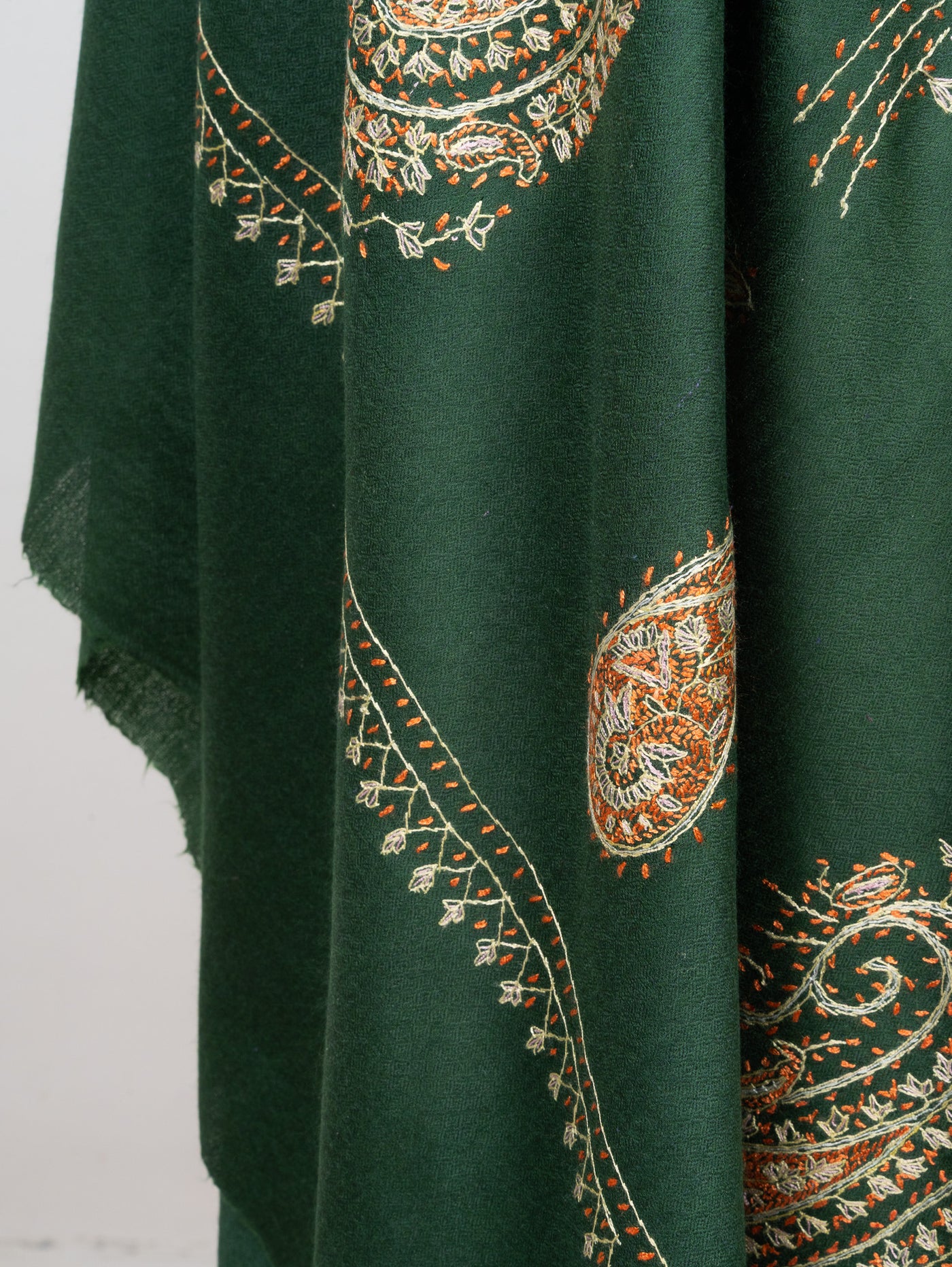2.5 Yards Sozni Hand Embroidered Shawl in Emerald Paisley Garden